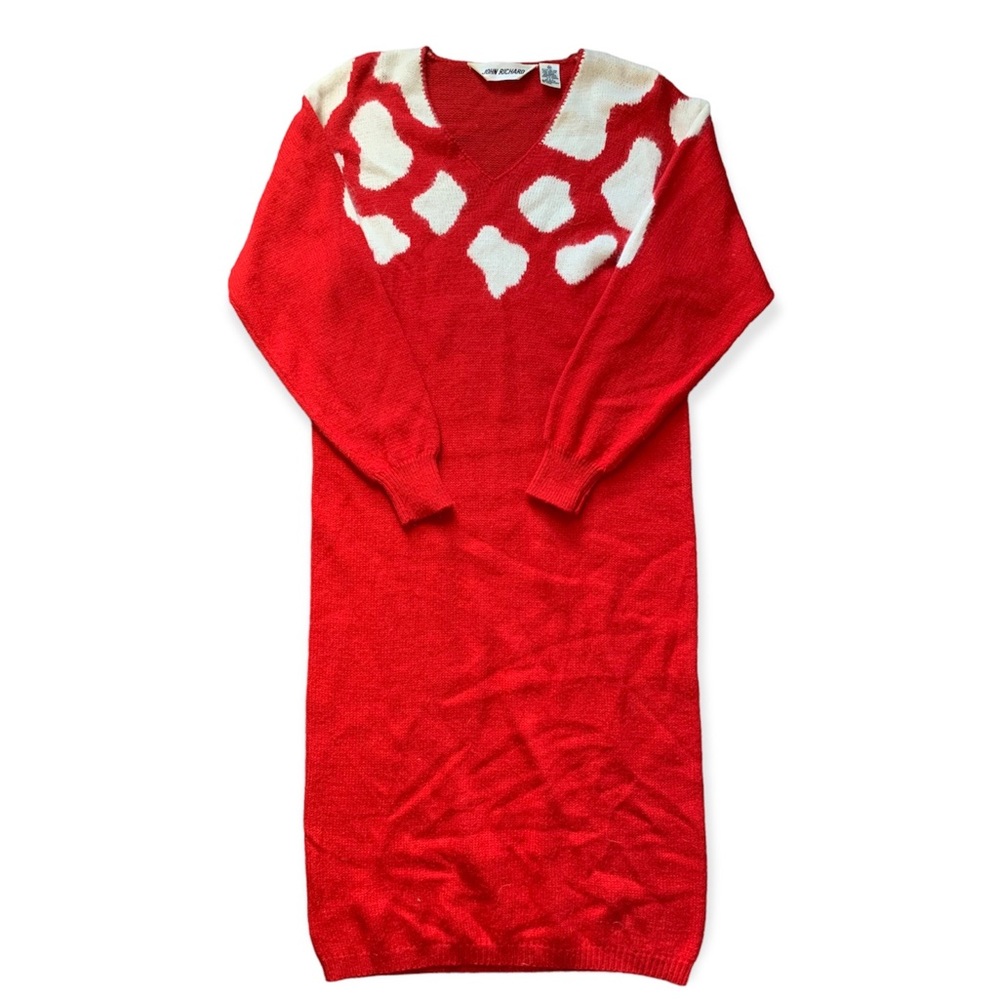 Vintage 80s John Richard Red Knit Long Sleeved Midi Dress M
